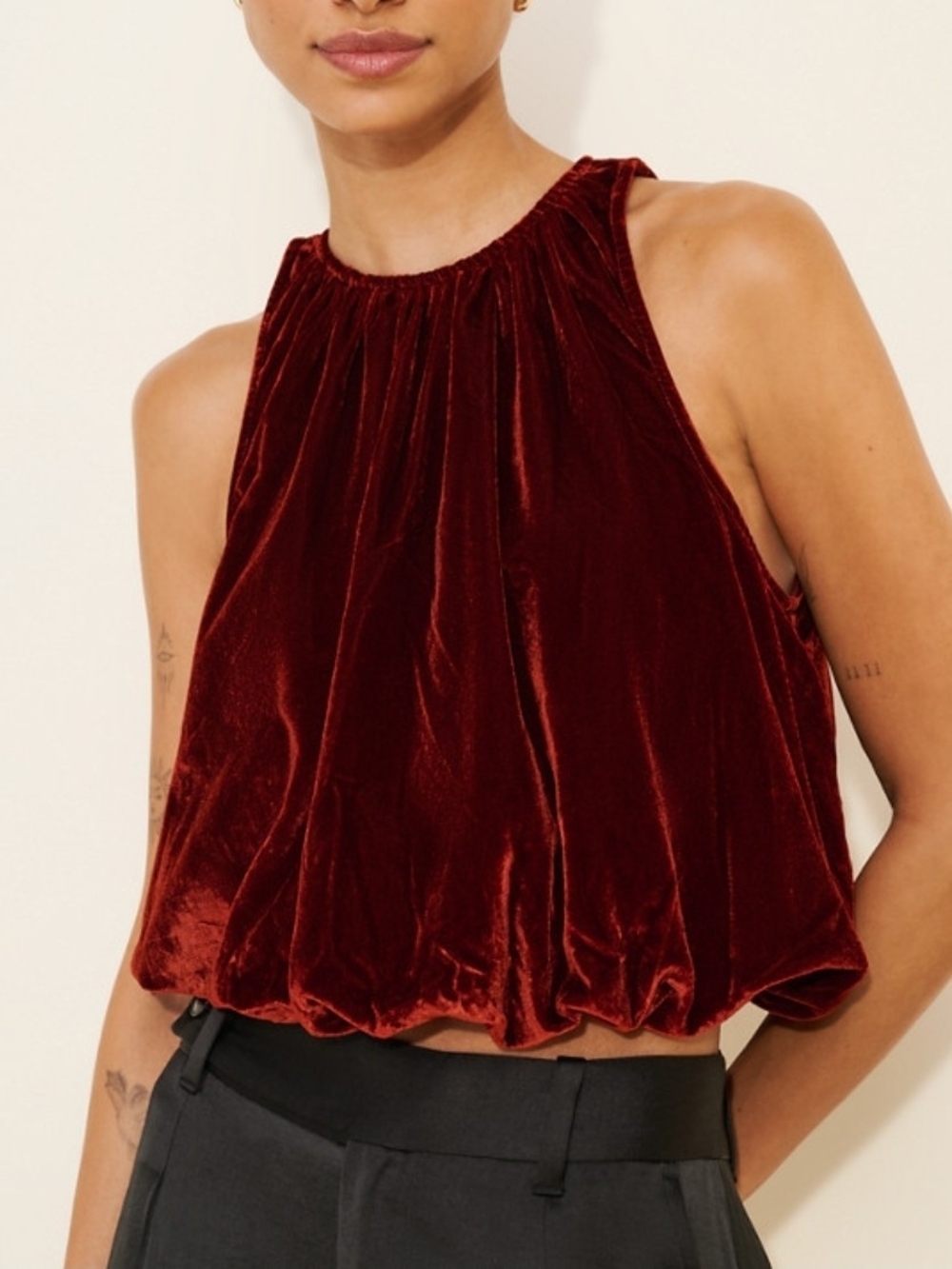 By Anthropologie Crushed Velvet High Neck Bubble Tank Top Rust Brown Size S
